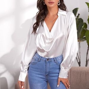 white slick satin drape detail long sleeve blouse